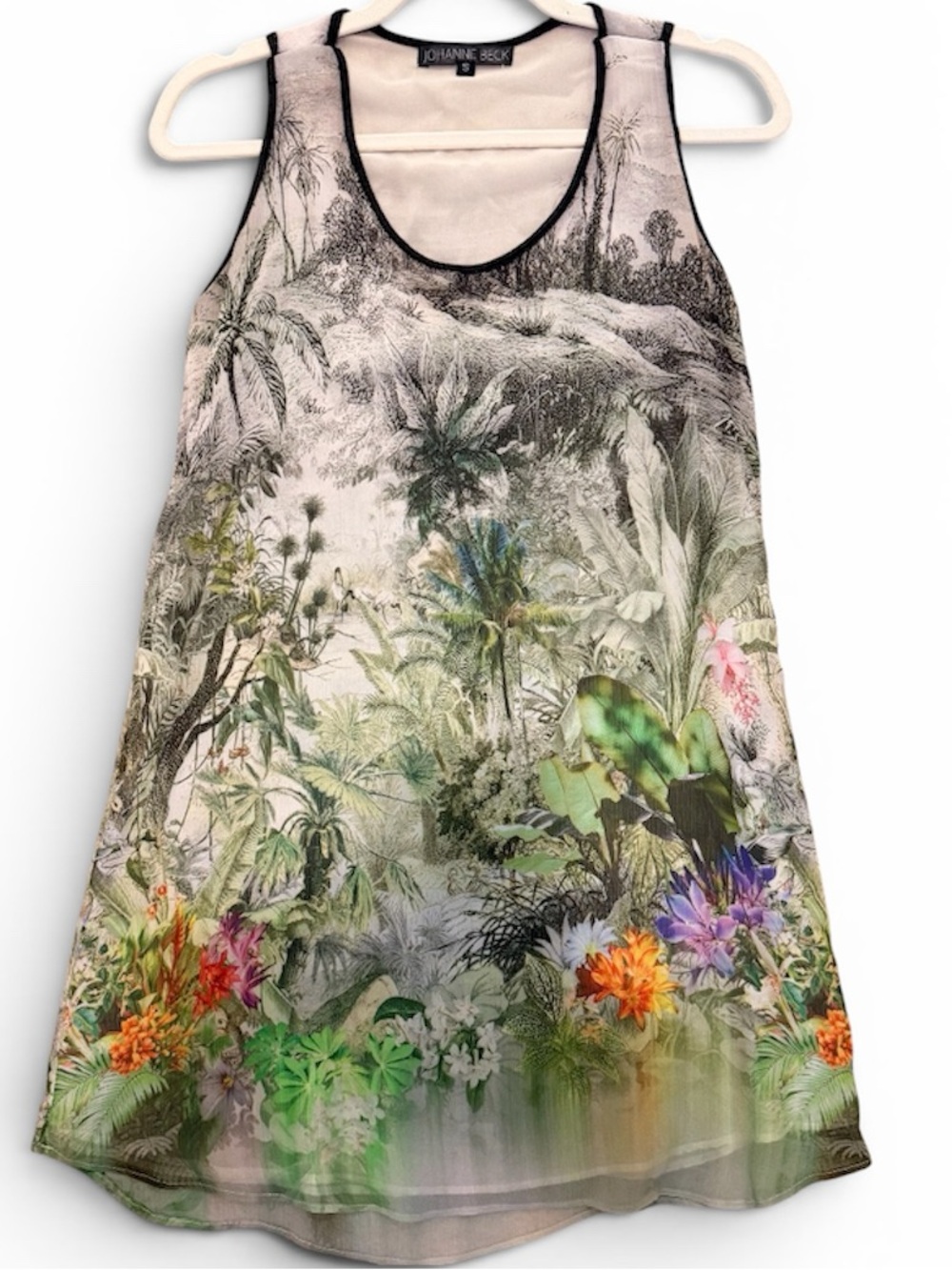 Johanne Beck Tropical Botanical Print Shift Dress Size S Lined Sleeveless